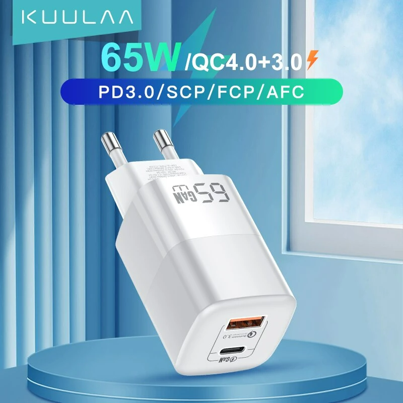 Carregador KUULAA 65W GaN Carga Rápida 4.0 3.0 Tipo C PD