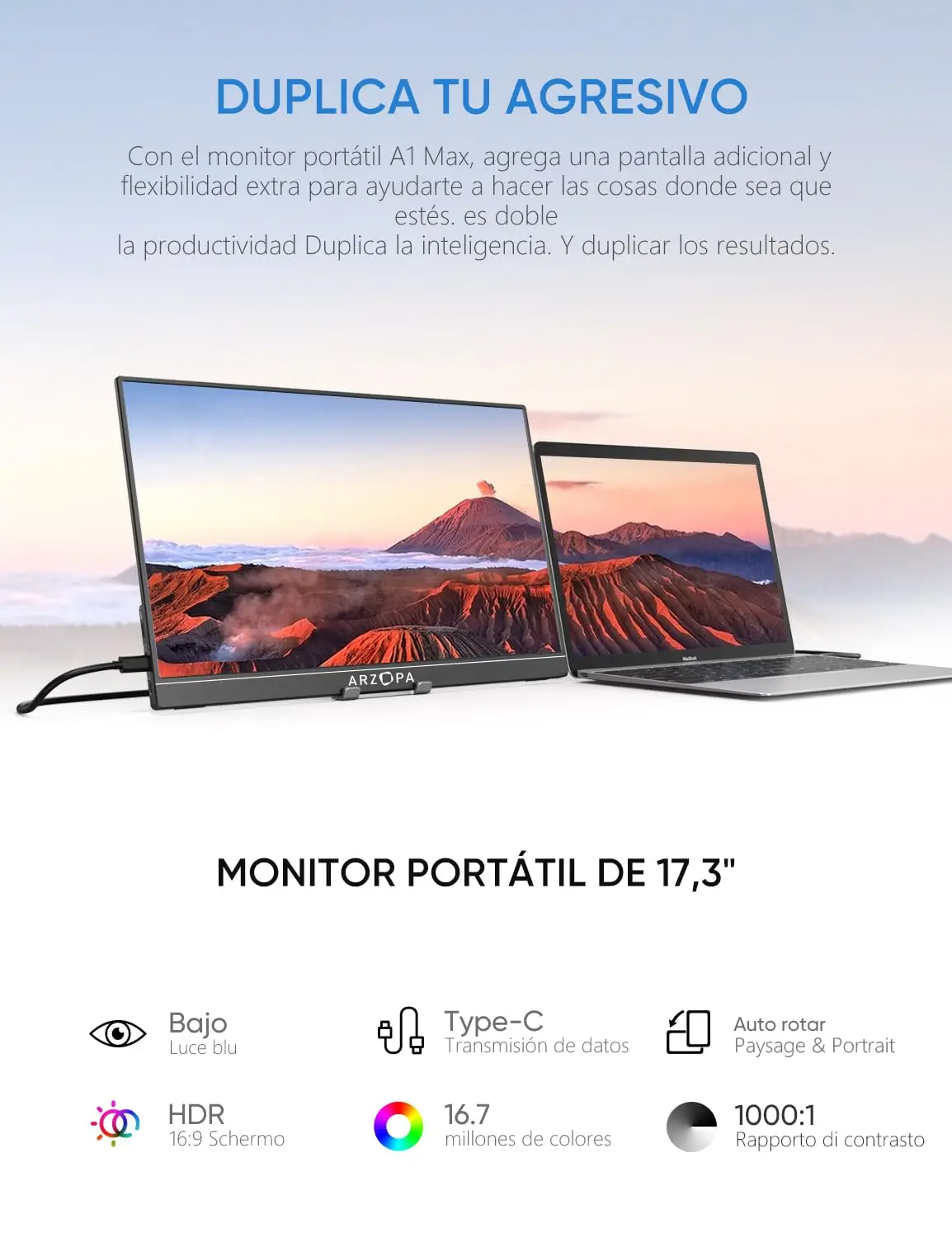 Monitor ARZOPA Gamer A3C 2.5K Portátil 100% sRGB