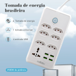 Extensão de Energia Multitap para Casa, 6 Canais, 4Portas USB, Cabo de Alimentação, 110V, 220V, 2m, Universal