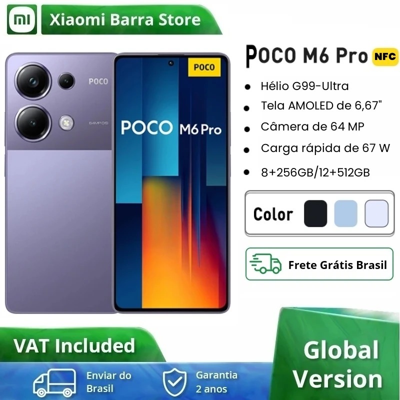 Smartphone Xiaomi Poco M6 Pro NFC Global Helio G99 Ultra Tela 6.67″ 120Hz Amoled 67W 5000mAh 8GB RAM 256GB ROM ou 12GB RAM 512GB ROM