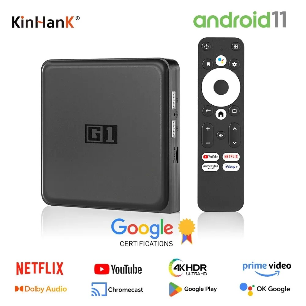 TV Box KINHANK G1 Certificada pelo Google Netflix 4K Dolby Vision Dolby Audio HDR10+ 4GB RAM 32GB ROM Wi-Fi 6 Chromecast Controle por Voz
