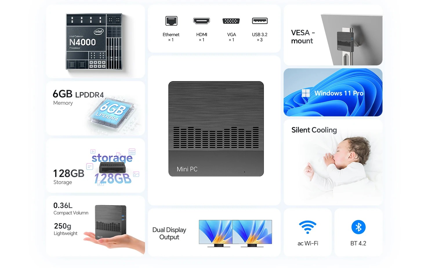 Mini PC SOYO M2 Air Intel N4000 Windows 11 Pro 6GB RAM 128GB ROM EMMC Ethernet HDMI VGA USB 3.2 Bluetooth