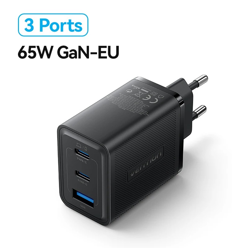 Carregador Vention Tipo C 65W GaN PPS PD 3.0 QC 3.0 FCP AFC Apple 2.4A