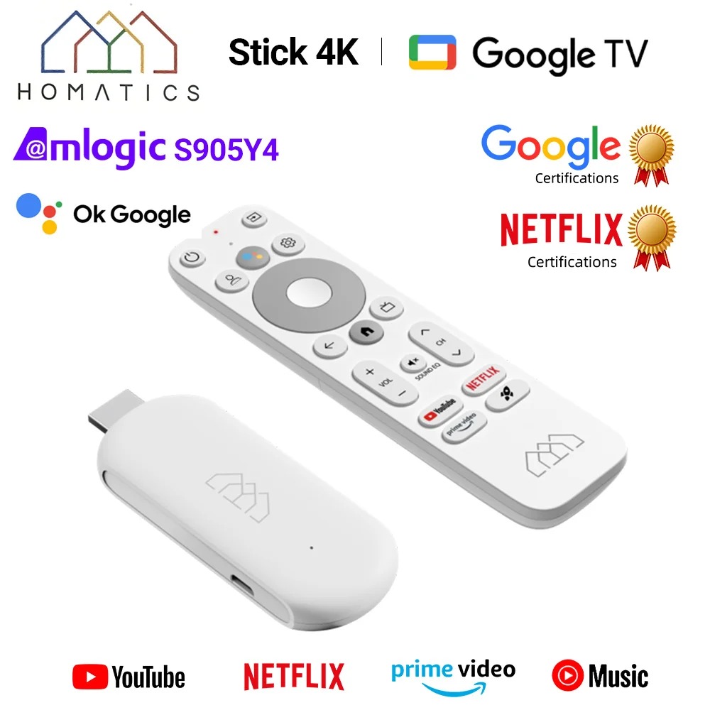 TV Stick HOMATICS 4K 2T2R Amlogic S905Y4 Dolby Atmos H.265 Wi-Fi Certificada pelo Google & Netflix 2GB RAM 32GB ROM Android Google TV